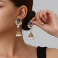 Vintage ethnic style gold-toned jhumka tassel earrings with blue center crystal and pearls. - Pearl Bell Style (weh6383) / Royal Blue Antique Gold