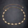 Women fashion gold waist chain belt with oval rhinestones elegant dress decorative accessory - Rhinestone Camellia Style / Gold