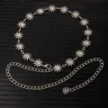 Silver metal rhinestone flower waist chain dress accessory decorative belt adjustable design - X1196-1 (Silver)