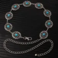 Vintage silver metal waist chain with carved floral medallions and blue turquoise stones for dresses. - X1200-1 (Silver)