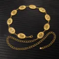 Vintage gold metal waist chain with embossed oval links and adjustable clasp for dresses. - X1202 (Gold)