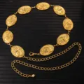Vintage gold metal chain belt featuring embossed oval leopard medallions, adjustable dress accessory. - X1203 (Gold)
