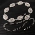 Vintage silver metal waist chain with leopard relief oval medallions and adjustable chain. - X1203-1 (Silver)