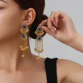 Exotic palace vintage style long dangling earrings with blue gems and gold filigree tassels. - Exotic Tassel Style (weh6380) / Royal Blue Antique Gold