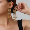 Exotic palace vintage hollow metal tassel drop earrings with black stones for women fashion - Exotic Tassel Style (weh6380) / Black Antique Gold