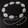 Vintage silver metal waist chain with embossed crown oval pendants, adjustable dress accessory. - X1207-1 (Silver)