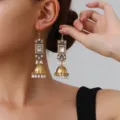 Vintage gold ethnic bell pearl earrings bohemian square rhinestone dangle earrings for women - Square Rhinestone Tassel Style (weh6384) / White Antique Gold