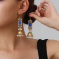 Vintage gold-toned ethnic jhumka earrings with square blue rhinestone and faux pearl drops. - Square Rhinestone Tassel Style (weh6384) / Royal Blue Antique Gold