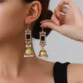Close-up detail of vintage gold ethnic long jhumka earrings featuring black stone and pearls. - Square Rhinestone Tassel Style (weh6384) / Black Antique Gold