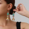 Vintage gold ethnic pearl drop earrings bohemian square turquoise inlaid stylish jewelry - Square Rhinestone Tassel Style (weh6384) / Blue Turquoise Antique Gold