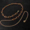 Retro gold waist chain with brown rectangular stones, adjustable metal dress accessory. - X1208-1 (Gold Brown)