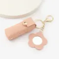 Porte-clés rouge à lèvres cuir rose avec miroir fleur, mini pendentif de poche chic - Rose