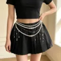 Detail view of a sweet cool multi-layered pearl tassel waist chain, Y2K retro women accessory. - X1120-3