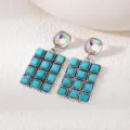 Bohemian vintage turquoise dangle earrings with geometric square stones and crystal stud detail. - Green