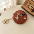 Porte-clés miroir de maquillage rond pliable avec charm ballerine strass et chaîne métal. - Marron