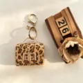 Porte-clés mini sac en peluche imprimé léopard rétro, pendentif étui écouteur mignon. - Café Clair