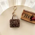 Porte-clés mini sac à main en faux poil de cheval imprimé léopard pendentif en peluche - Café Foncé