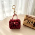 Mini sac porte-clés léopard rouge en peluche, joli pendentif pochette écouteurs fourrure. - Rouge festif