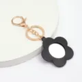 Mignon miroir de poche fleur porte-clés en cuir PU petit miroir portable pendentif voiture - Noir