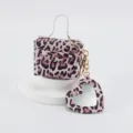 Mini sac à main porte-clés imprimé léopard rose avec miroir cœur accessoire en cuir PU - Léopard Rose