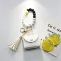 Porte-clés perles en silicone avec mini porte-monnaie en cuir et pendentif gland. - Bracelet avec Goutte / Blanc