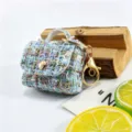 Mini etui ecouteur tweed patchwork cuir porte monnaie luxueux porte cles vue principale - Avec Porte-clés / Bleu