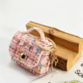 Mini porte-monnaie et etui pour ecouteurs en tweed rose avec accessoires dores et anneau. - Avec Porte-clés / Rose