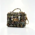 Mini sac de rangement en tweed style créateur porte-monnaie étui écouteurs avec serrure dorée. - Avec Porte-clés / Noir Classique