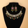 Ethnic colorful rhinestone necklace earrings set exotic Indian style jewelry fashion accessory - Colorful Tassel Necklace Earring Set / Colorful
