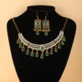 Ethnic vintage gold-tone necklace and earrings set with green stones and sparkling rhinestones. - Green Tassel Necklace Earring Set / Green