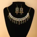 Ethnic style rhinestone necklace and earrings set, exquisite black and gold jewelry design for women. - Black Tassel Necklace Earring Set / Black