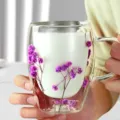 Double wall glass cup with dried purple flowers inside, elegant gift for women and girls. - Purple Star Tree