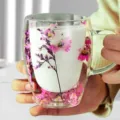 Double-wall glass coffee mug with real pressed dried flowers, cute floral gift cup for women. - Purple Lover