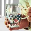 Double wall glass cup with dried flowers aesthetic tea mug cute gift birthday present - Blue Lover