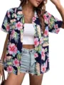 Women short sleeve Hawaiian tropical floral print button down shirt casual summer top - S / Tops / Black and Pink Floral