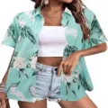 Women short sleeve Hawaiian floral tropical print button-up shirt stylish summer detail - S / Tops / Blue and White Floral