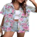 Detailed view of the women's Hawaiian floral print short sleeve shirt, soft and cool. - S / Tops / Blue and Pink Floral