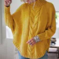 Women's yellow turtleneck cable knit oversized batwing sleeve sweater for autumn winter. - Yellow