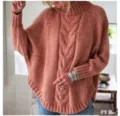 Women's chunky cable knit turtleneck batwing sleeve sweater casual autumn winter loose pullover. - S / Tops / Pink