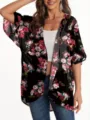 Floral chiffon kimono cardigan detail, lightweight floral print beach cover up top. - S / Tops / Black