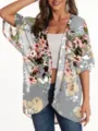 Close-up detail of the floral print chiffon kimono cardigan, showing lightweight fabric. - S / Tops / Gray