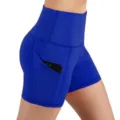 High-waist royal blue yoga shorts detail showing side phone pocket and athletic fit design. - S / Bottoms / Blue