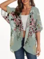 Detail view of floral chiffon kimono cardigan, lightweight sun protection summer beach cover up. - S / Tops / Green