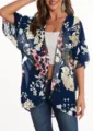 Women floral print chiffon kimono cardigan sunscreen cover up detail view summer fashion top - S / Tops / Navy Blue
