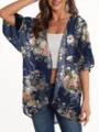 Women floral chiffon kimono cardigan summer beach sunscreen cover up top detail show. - S / Tops / Navy A