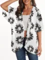 Detail shot of lightweight floral chiffon kimono cardigan, sheer fabric and black print. - S / Tops / White Sunflower
