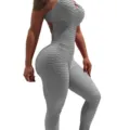 Grey seamless honeycomb texture gym romper, high stretch activewear yoga jumpsuit for women. - Gray