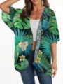 Detail shot of the tropical floral chiffon kimono cardigan, lightweight fabric and print. - S / Tops / Green Leaf