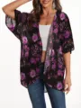 Women floral print chiffon kimono cardigan casual open front beachwear summer cover up top - S / Tops / Black Purple Floral