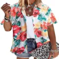 Women Tropical Floral Short Sleeve Button Up Hawaiian Shirt Summer Casual Vacation Top - S / Tops / Red and Yellow Floral